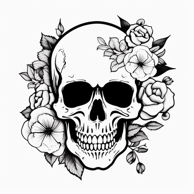 black and white skull with flowers, coloring page, clipart on white background