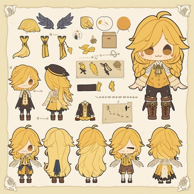 character sheet, knoling, clipart, inventory catalog, cute chibi character, golden wavy long hair, long bangs, yellow-green eyes, flat chest, beautiful young boy, gothic, frill, lace shirt, high West brown shorts, yellow bird, mimosa, yellow jewelry, ribbon
