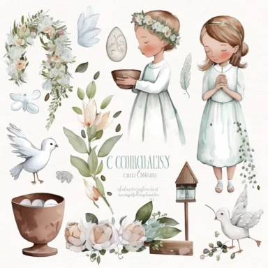 First communion illustrations clipart set, watercolor, white background, simple, soft colors , cartoon elements girl, boy ,holy cross, white doves, tulips, peonies, eucalyptus branches, wooden rosary beads, white flowers