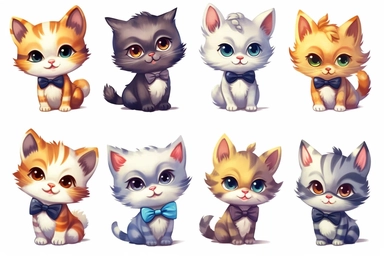 9 sets of a cute baby kitten Munchkin, smile,round face,round head,Wearing a flower bow tie,different poses,different breeds, clipart, isolated on white background, spaced out,