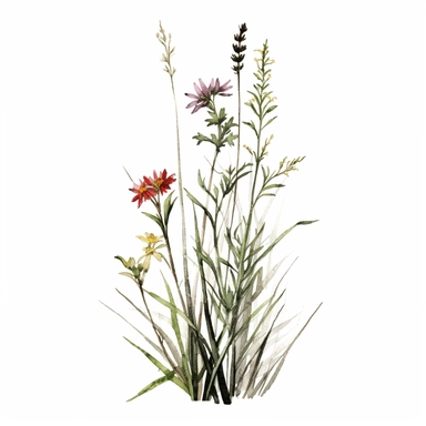 clean minimalistic wildflowers watercolor flower painting, in the style of watercolor landscapes, romantic and nostalgic themes, highly detailed and defined brush strokes of each stalk and grass and buds skillful clipart clean white background high contrast 16k resolution dark outlines