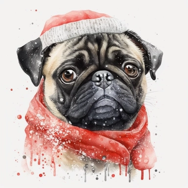watercolor cute style, cute black pug in christmas winter coat, christmas head, christmas presents, smiles, cute, pug in red ears, it's snowing, white background, clipart