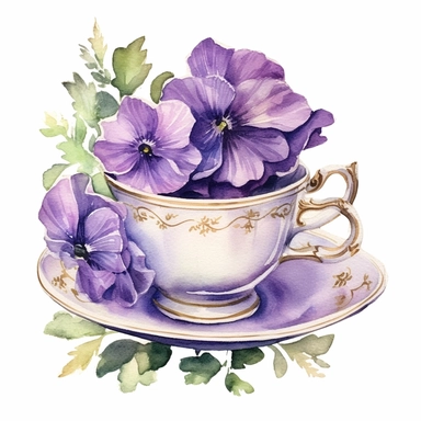watercolor painting, purple flowers in teacups clipart, beautiful teacup clip art, fancy teacups, delicate little teacup, victorian,