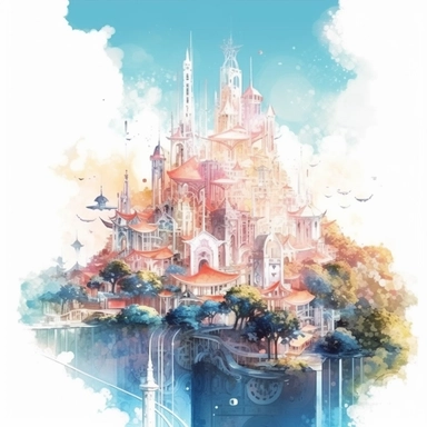 a magical city, Takehisa Yumeji's art style, soft, glowing watercolour clipart, isolated clipart, white background