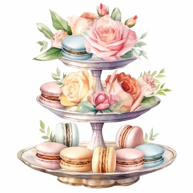 Clipart, Watercolor, Blush Peony Shabby Chic Tier Candy Tray with cupcakes, Macarrons and sandwiches, light colors, hand-draw, texture