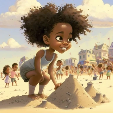 Pixar , disney illustration of Sag Harbor , An Hyperdetailed facial expression , illustration of fiver year old light skin Harper a happy black girl with curly afro , Black kids building sand castles , arriving in sag harbor ,standing looking at a group of children making other sandcastles in the competition , from the community's stunning Sunset Beach, east hampton , summer vaction, beach town , summer days , muted tones , shy warm heart , pixar , hyper detailed , smooth skin realistic animated