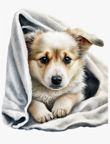 baby dog in a blanket, watercolor clipart, transparent background,