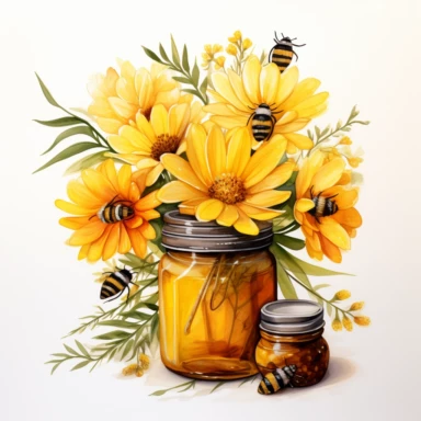 An ultra-detailed watercolor clipart illustration, drawn with a thick watercolor line, adorned with [honey jar with flowers] with the bouquet, isolated on a white background, in the style of ultra-realistic watercolor clipart illustrations, intricately detailed watercolor clipart illustrations, hyperrealistic watercolor clipart illustrations, and high-resolution watercolor clipart illustrations