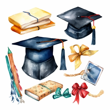 watercolor graduation related scenes, illustrations clipart set, simple, , cartoon elements ,different variants , school and classroom elements, graduate, graduation gown and capdiploma, separate elements with a margin, ,4k, high resolution