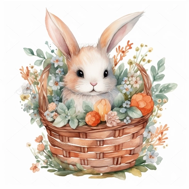 clipart, cute baby bunny in a basket full of carrots and flowers, watercolor, vector, isolated white background, 16k