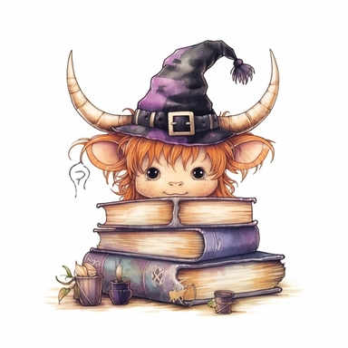 Halloween, cute little kawaii highland cow wearing witch hat, sitting near old magic books, isolated on a white background watercolor, unique, intricate detail , style by Lucy Fleming, watercolor, smooth gradients, black contour outline, ultra detailed, clipart elements, delicate pastel colors, solid white background, super clear, high quality