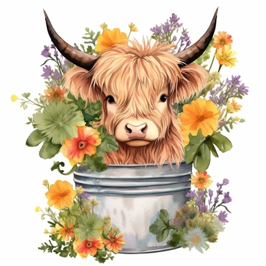 baby highland cow in a small rustic tub covered in flowers and grass with wildflowers all over the place clipart add a ton of flowers clipart watercolor make it cute
