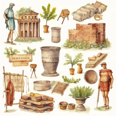 Watercolor roman forum with roman people trading, illustrations clipart set, simple, , cartoon elements, different variants , iron elements, marble elements, cloth elements, herbal elements, earthenware elements, separate elements with a margin