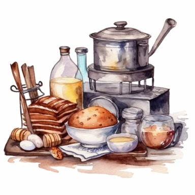 Still life illustration with kitchen equipment. Watercolor composition with baking tools, flour, eggs, butter, cinnamon sticks, cake on stand Bakery menu, pastry shop. Vintage rustic style clip art