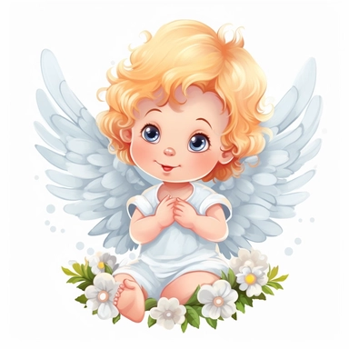 Cute baby angel clipart with flower, white background