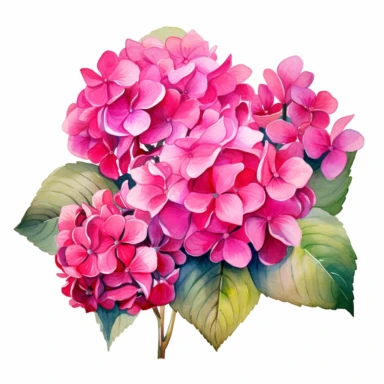 fushia colored hydrangea flowers arrangement with watercolor effect,suitable for digital clipart,white background,green leaves