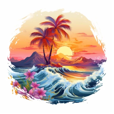 artwork majestic palm tree in digital painting style, beautiful flowers, sunrise mountain and clouds, big sea waves, water splashes, water splashes, white background, colorful fantasy flower surround, highly detailed clean, vector image, photorealistic master piece, professional photography, realistic, flat white background, isometric, vibrant vector, clipart, illustration, realism, 4k, cinematic, front view, white background