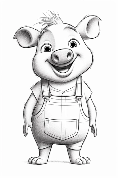 pixar Pig clipart, simple line art, monocromatic, isolated on white background, color image, full body, stroke line art, for toddler coloring, 8k