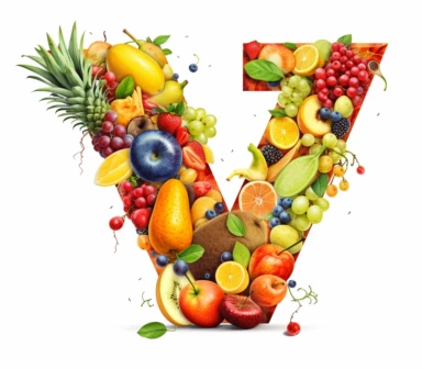 create clipart of letter V with shape design inside full of summer friuts, 2D, white background