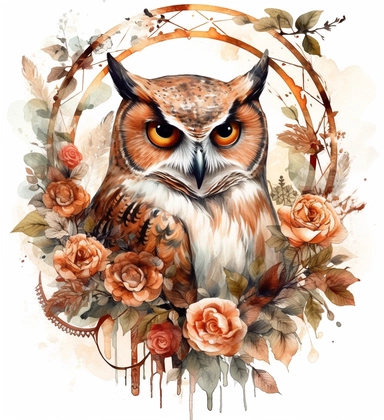 DESIGN A MAGNIFICENT AND EXQUISITE BREATHTAKING ONE-OF-A-KIND HIGH QUALITY HIGHLY DETAILED MASTERPIECE WATERCOLOR CLIPART ILLUSTRATION OF an owl in a circle with roses on the design, in the style of fantastical creatures, grid, white and amber, cybersteampunk, wimmelbilder, gemstone, pictorial dreams, WHITE BACKGROUND