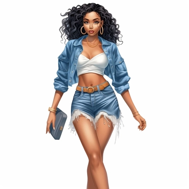 Denim girl clipart, Denim clipart, Fashion girl clipart, wearing denim shorts, brown leather sandals, Jeans Girl Clipart, African American clipart, Afro girls clipart, Clipart, ultra realistic, hand drawn,wearing the white crop tops, all with beautiful bright smiles, Full body. Clothing line, retail fashion, 2023, fashionnova, African american, mid sized models. Highly detailed. very attractive, glamorous, make up beautiful, gorgeous, glowing make - up. full body and heels. multiple outfits. ind