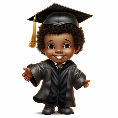 A little black boy graduate in black graduation attire, cap and gown on, disney clip art,