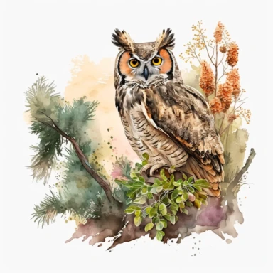 Watercolor Woodland PNG, Clipart, Great Horned Owl