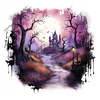 isolated illustration of a fantasy haunted path, eerie vibe, whimsical colors, watercolor illustration, high resolution clipart, isolated on white background