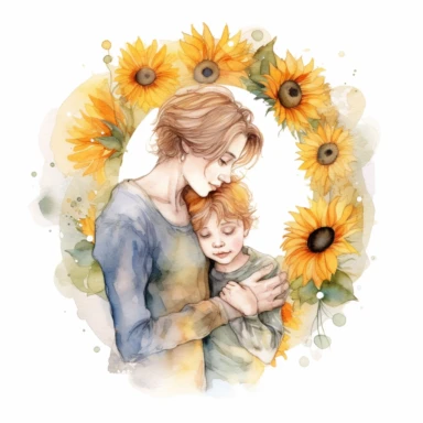 cute watercolor clipart with pale skinned older mom and adult son hugging echother in circle, beautiful, hight quality, pastel colors, white background, decorated with yellow sunflowers