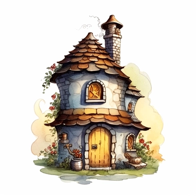 A whimsical drawing of a beehive shaped like a charming cottage, with bees flying in and out through the front door and the chimney. (Digital drawing clipart, image black border color, full body, flat texture, transparent background) , watercolor