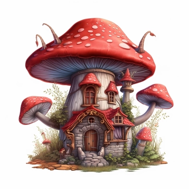 clipart, shades of red and brown fairy mushroom house isolated on a white background, intricate details, vector, pastel colors, realistic, 3D, no shadows
