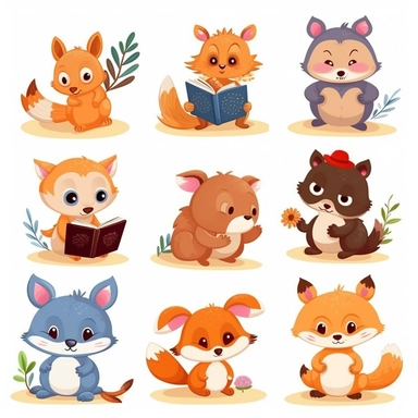 Create a set of clipart featuring cute animals engaged in various activities like reading a book, playing with a ball, gardening, or cooking. These versatile and adorable animal illustrations can be used in various educational materials, children's books, or crafting projects.