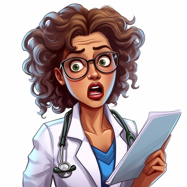 UHD, 8k, illustration postcard, cartoon clipart of an RN with a stethoscope around her neck, holding a clipboard, epic facial expression, up-close, isolated on a white background, aspect 7:4