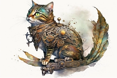 watercolor clipart, A beautiful cat with a steampunk-style mechanical bird on its shoulder, hd, on white background,