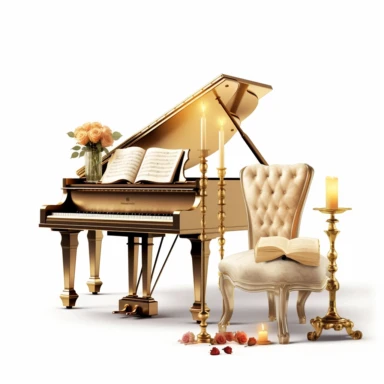 luxury gold piano with a seat, roses, music book and luxury candles digital clipart on white background