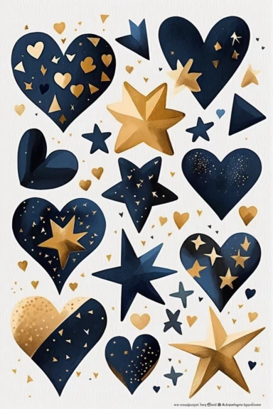 collection of clipart, stars theme, six big stars, small hearts, modern watercolor. by mary blair. white background, navy blue, golden,