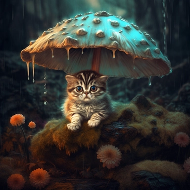 Charming, high-quality splashing art of a charming baby kitty, up close, sitting under a toadstool mushroom in the shape of an umbrella in an enchanted forest in the rain, dark shadows, deep contrast bioluminescence, magical, mystical, intricately detailed scene,soft pastel colors with a shade, bright colors, wet dirty earth, puddles, fantasy art, masterpiece, marked award-winning, Digital artwork, Clip Studio Paint, Rich colors, Painterly texture, trends in art communities, Adobe Photoshop