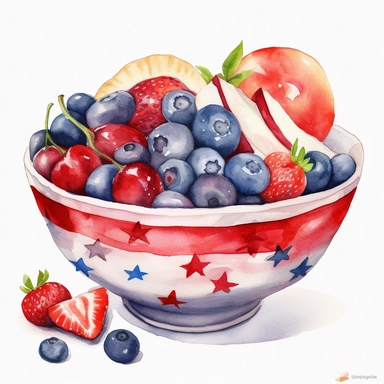 clip art of summer fruit in a patriotic themed bowl for american independence day, red, white and blue colors, realistic watercolor paintings, dymamic