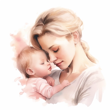 Illustrate a poignant watercolor clipart of a mother gently kissing her baby girl on the lips in soft pastel pink. Their faces are close, capturing a tender moment of shared affection. Their expressions should be depicted with intricate details and realism, set against a white background.