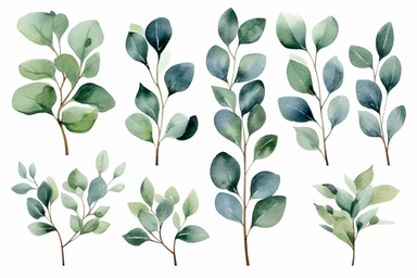 Watercolor clipart collection of matching and coordinating Eucalyptus branches, isolated elements on a white background with a wide margin