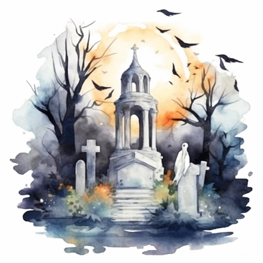 watercolor illustration cemetery halloween ghosts watercolor print, in the style of detailed environments, eye-catching composition , isolated white background, clipart,