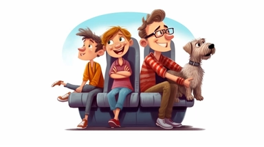 a companion dog looking very cute sitting between a blind man and an enthusiastic little boy in aeroplane seats of a commerical airline. The little boy is looking at the dog. Funny, cartoon, clipart style. No background. Isolated on white.