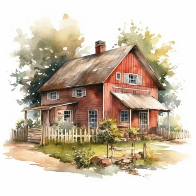 beautiful detailed rustic watercolor farmhouse, clipart, minamlistic