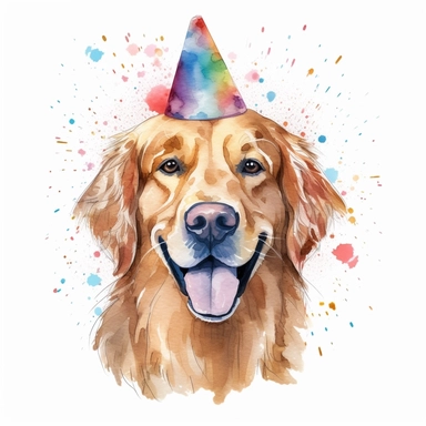 watercolor of a birthday golden retriever isolated on a white background, detailed ,realistic ,rtx on,textural richness,colorful imagery,digital illustration, clipart,