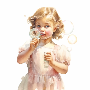 vintage adorable little girl blowing soap bubbles, pastel colors, clipart style, watercolor technique, super high quality, professional watercolor clipart, high resolution