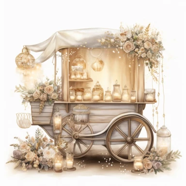 illustrations: evening scene, wedding cart, filed with wedding accessories decorated with Outdoor String Lights, in the style of mandy disher, gold and cream, light silver and bronze, claudia tremblay, soft realistic watercolours, resin, wiesław wałkuski, clipart