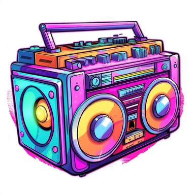 hand drawn clipart illustration of a retro boombox in Lisa frank style colors