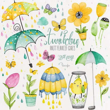 Please create a series of watercolor clipart illustrations featuring different items related to spring. Each illustration should be drawn in a charming and playful style that captures the beauty and vibrancy of the season. Items to include can be flowers, butterflies, birds, bees, rain boots, and umbrellas. Please use a coherent color palette that is bright and cheerful, but also soothing and calming. Colors that are associated with spring, such as greens, blues, pinks, and yellows, should be us