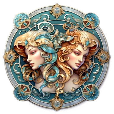 mystical astrological Gemini zodiac sign, fantasy, fairytale, storybook, 3D, celtic style, clipart, digital painting, light ink, very detailed, very realistic, white background, bright mood, 4k quality