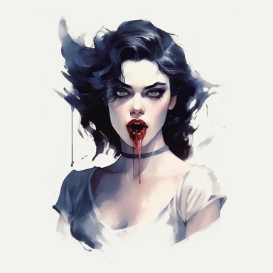 Highly detailed watercolour clipart of beautiful vampire, sharp pointed canines, dark aesthetic, pretty, vintage gothic clothing, majestic, depth of field, detailed character illustrations, multilayered realism UHD, 8K, 3D, solid white background